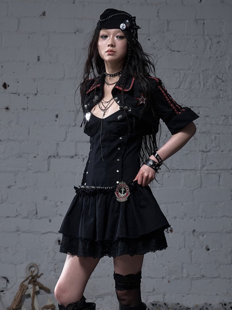 Black/White Dropped Waist Stud Details Raw Hem Punk Cami Dress