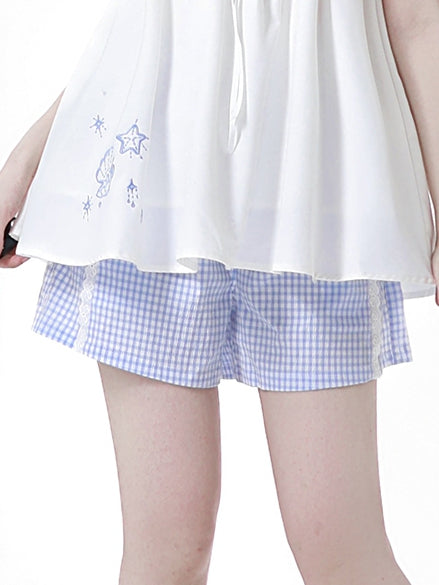 Blue Plaid Elastic Waist Shorts