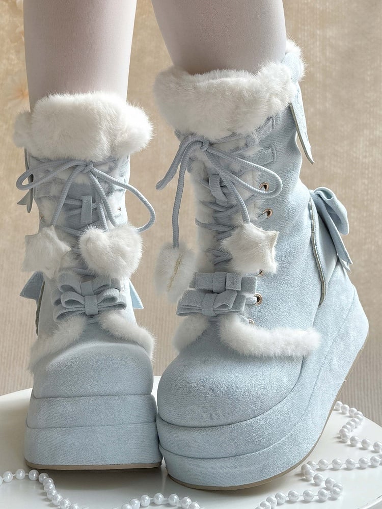 Sweet Blue Snow Boots For Lolita - Plush Interior with Star & Heart Lace Charms & Delicate Bows