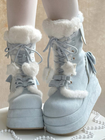 Sweet Blue Snow Boots For Lolita - Plush Interior with Star & Heart Lace Charms & Delicate Bows