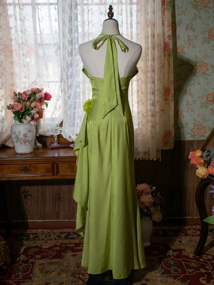 Vintage Green Halter Neck Floral Prom Gown Fairy Dress