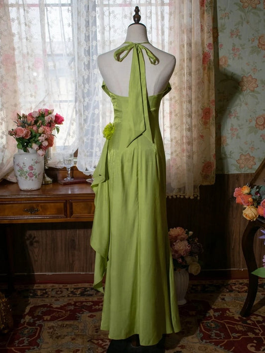 Vintage Green Halter Neck Floral Prom Gown Fairy Dress