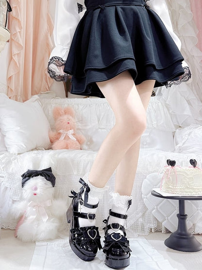 Jirai Kei Polished Black Rhinestone Heart Decorated Lace-up Details Platform High Block Heels