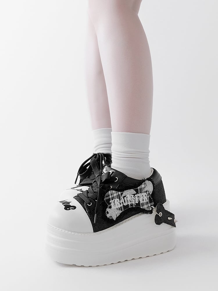 Black Punk Bone Applique Silver-tone Studs Platform Shoes
