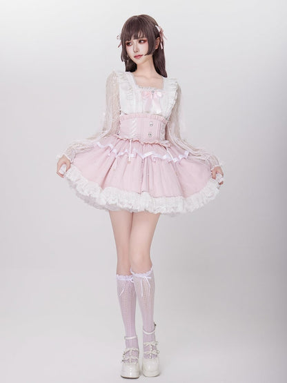 Allover Beads Pink High Waist Jirai Kei Skirt with Lace Up and Shirring Waist