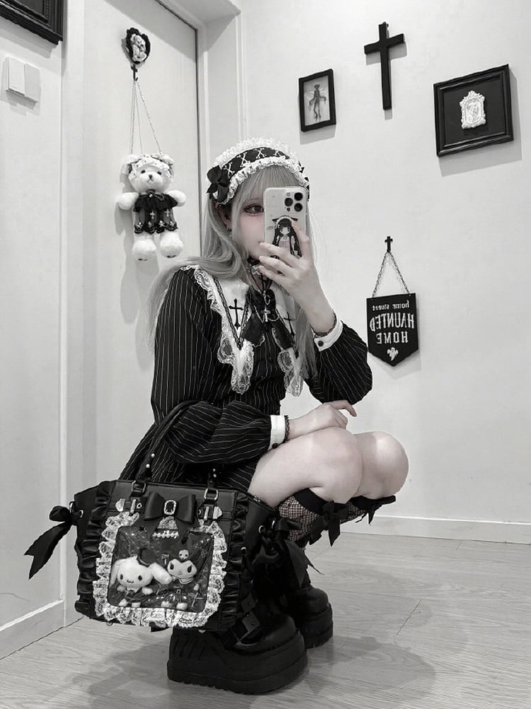 Jirai Kei Black Lace Trim Ita Tote – Large Capacity, Top Handle