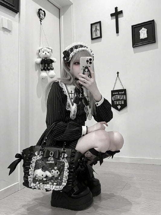 Jirai Kei Black Lace Trim Ita Tote – Large Capacity, Top Handle