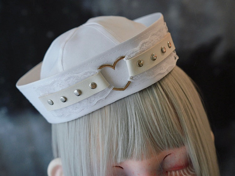 White Studded PU Heart-shaped Ring Lace Sailor Hat