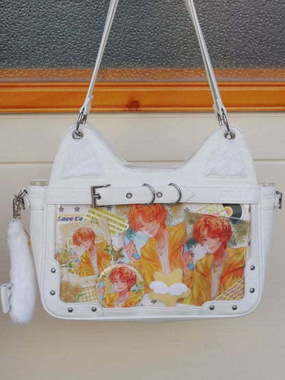White Kitty Design Ita Shoulder Bag with Free Flush Charm