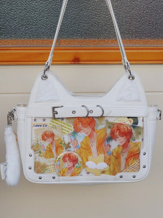 White Kitty Design Ita Shoulder Bag with Free Flush Charm