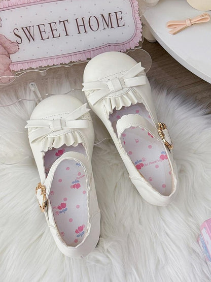 Bow Accents, Ruffles Trim & Scalloped Hem Closure PU White Round Toe Mid Heels in Sweet Lolita