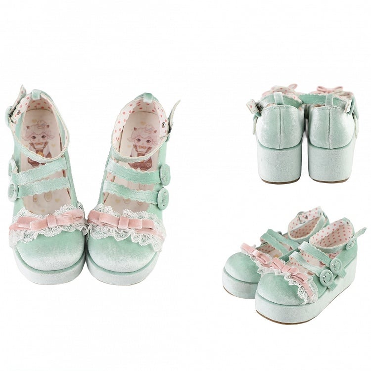 Lace Trim Bowknot at Top Velvet Pink&Green Buckle Straps Platforms