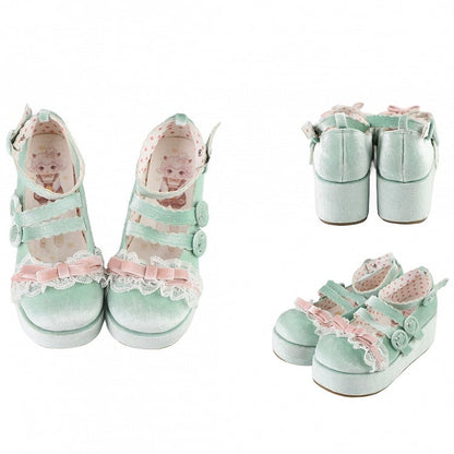 Lace Trim Bowknot at Top Velvet Pink&Green Buckle Straps Platforms
