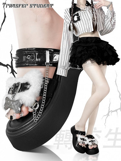 Bone Design Studs Decorated Black and White Punk Platform Slippers
