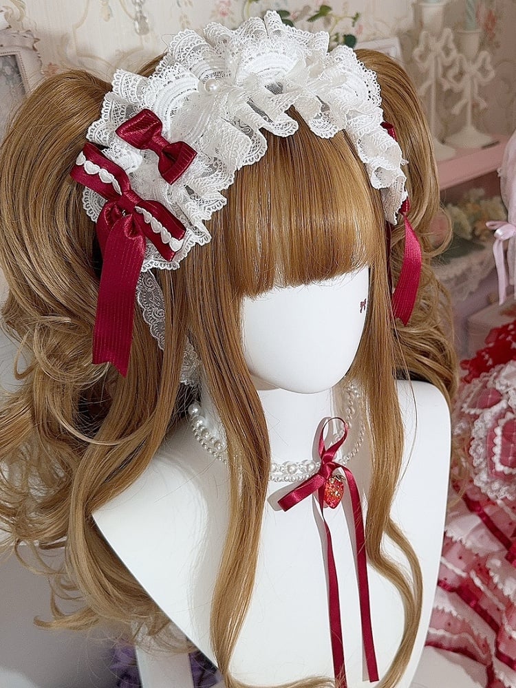 White&Red Heart Decorated Striped Pattern Bowknot Details Ruffled Hairband