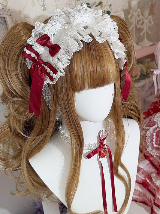 White&Red Heart Decorated Striped Pattern Bowknot Details Ruffled Hairband