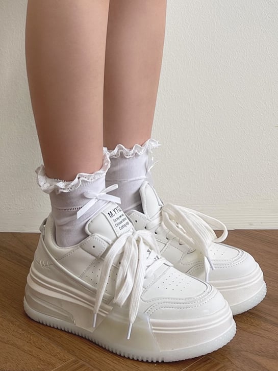 Light Yellow/Beige/Black Bowknot Decorated Lace Trim Lolita Socks