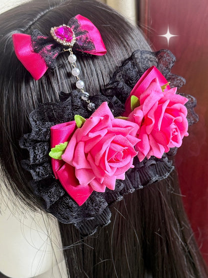 Two Pink&Black Floral Design Lace Trim Bead Chain Bowknot Hairclips