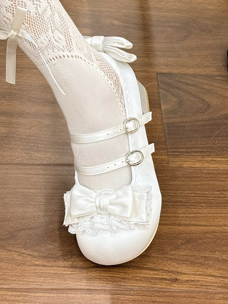 Mid-heel White Mary Janes in Sweet Lolita - Delicate Ruffle Lace, Bow Accents & Twin Clasps