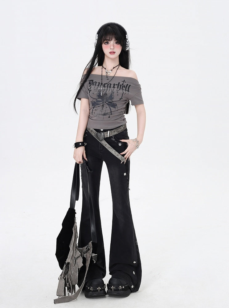 Black Raw Hem Vintage Glamorous Flared Jeans