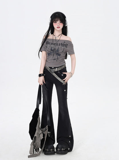 Black Raw Hem Vintage Glamorous Flared Jeans