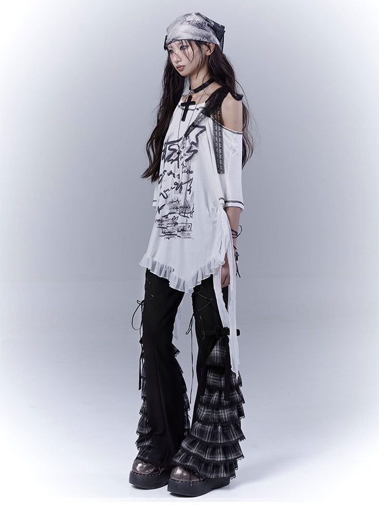 Black Lace-up Front Tiered Plaid Cuffs Slim-fitting Pants