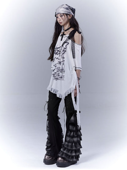 Black Lace-up Front Tiered Plaid Cuffs Slim-fitting Pants