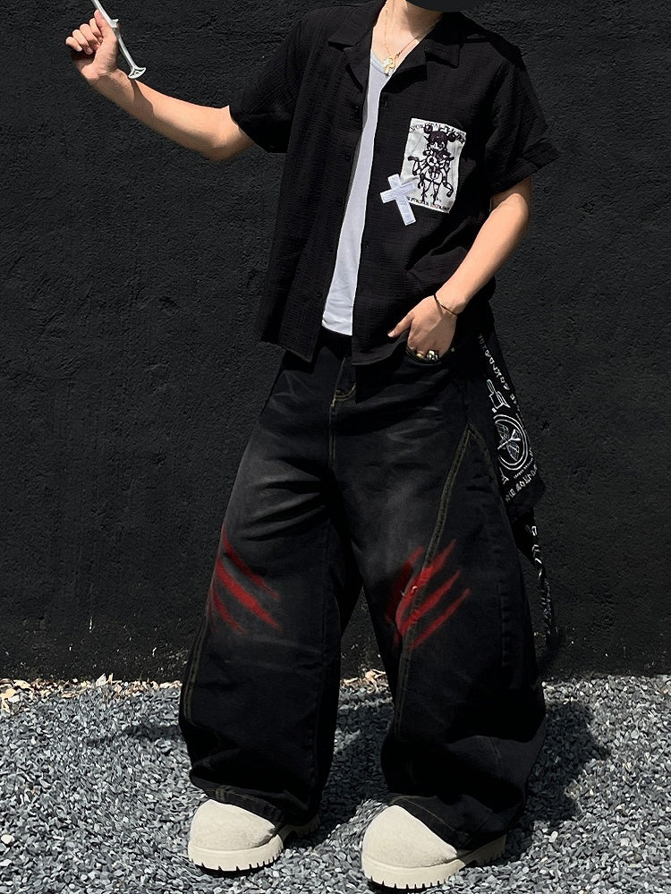 Punk Applique Black/White Notched Collar Short Sleeves Shirt