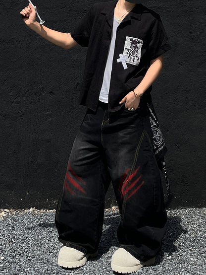 Punk Applique Black/White Notched Collar Short Sleeves Shirt