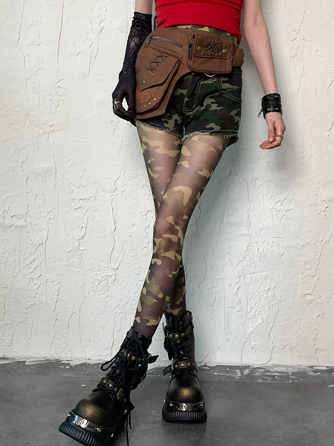 Green Gyaru Fashion Camo Pattern Tights