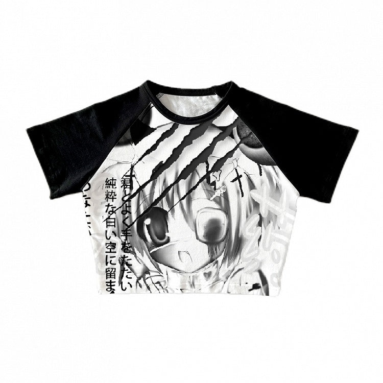 Cartoon Girl Print Black and White Cropped T-shirt Yami Kawaii Top