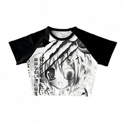 Cartoon Girl Print Black and White Cropped T-shirt Yami Kawaii Top