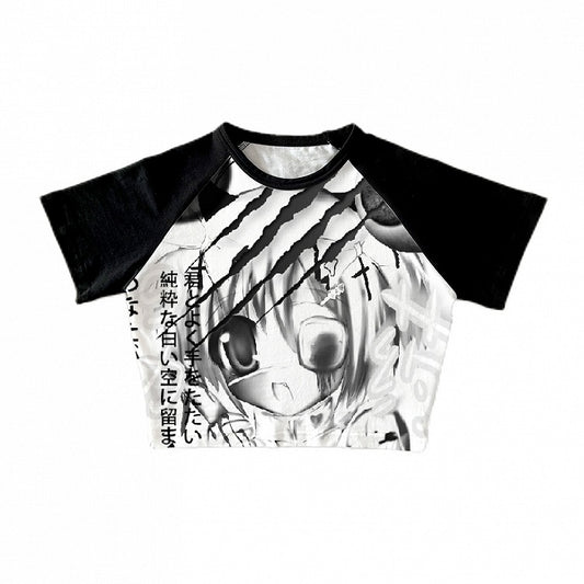 Cartoon Girl Print Black and White Cropped T-shirt Yami Kawaii Top