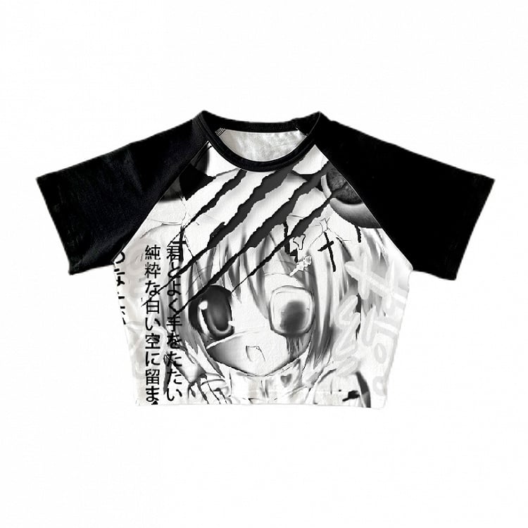 Cartoon Girl Print Black and White Cropped T-shirt Yami Kawaii Top
