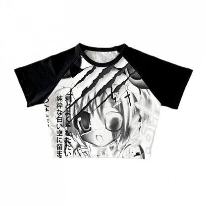 Cartoon Girl Print Black and White Cropped T-shirt Yami Kawaii Top
