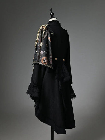 Ouji Fashion Lolita Knight Outfit - Black Long Sleeves Top + Black One-shoulder Cape Tailcoat