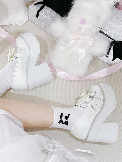 Polished White Jirai Kei Cross Chain Decorated Bow Rhinestoned Buckles Platform Loafers