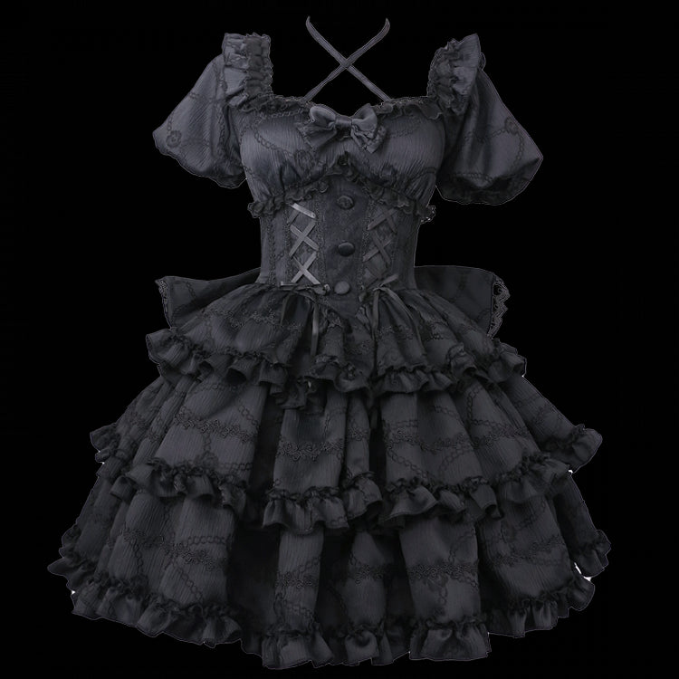 Black Princess Corset Waist Dress Ruffle Skirt Lolita OP with Big Bow at Back