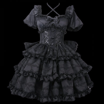 Black Princess Corset Waist Dress Ruffle Skirt Lolita OP with Big Bow at Back