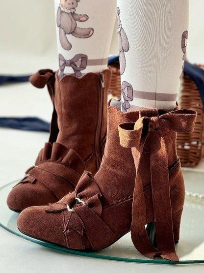 Brown Knotted Bow Accent Zip Closure at Sides Ankle Boots