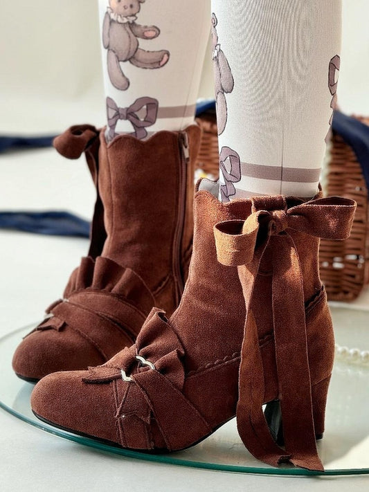 Brown Knotted Bow Accent Zip Closure at Sides Ankle Boots