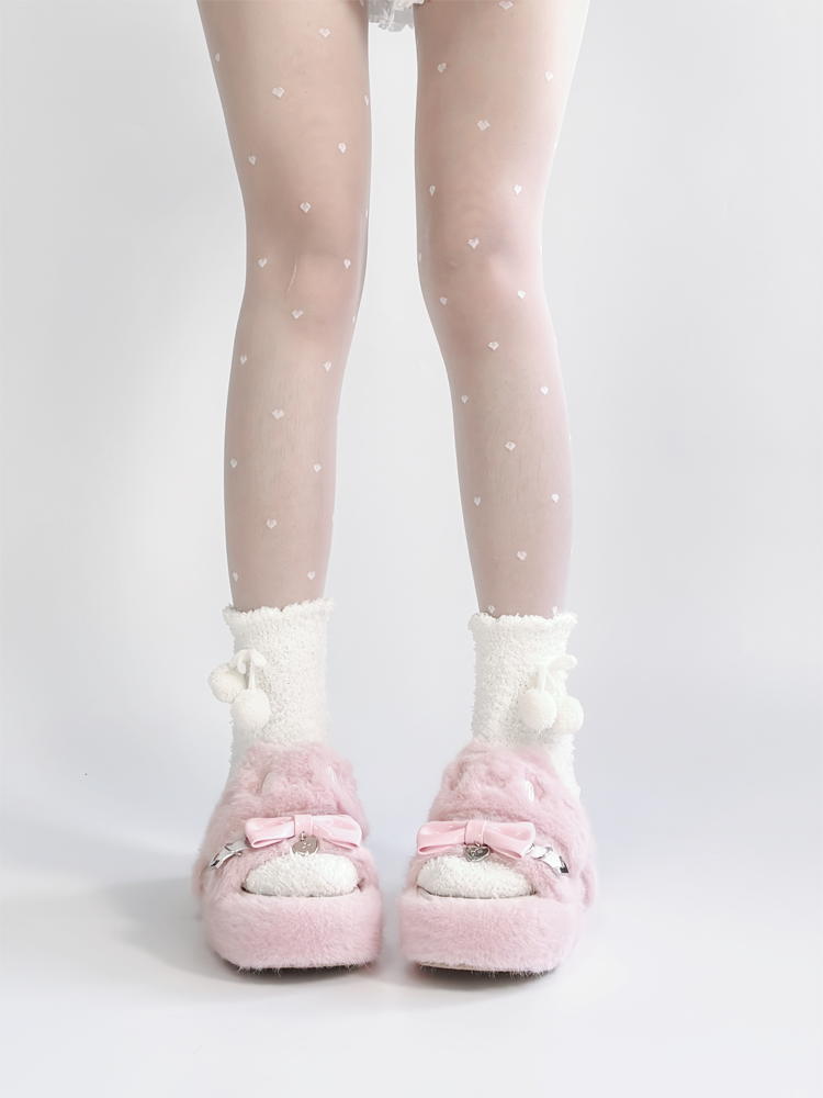 Rebellious Kitten Embroidery Slippers - Jirai Kei Pink Plush Platform with Bow & Heart Charm