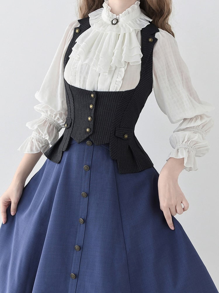 Dark Gray Under Bust Striped Waistcoat with Lapel Collar