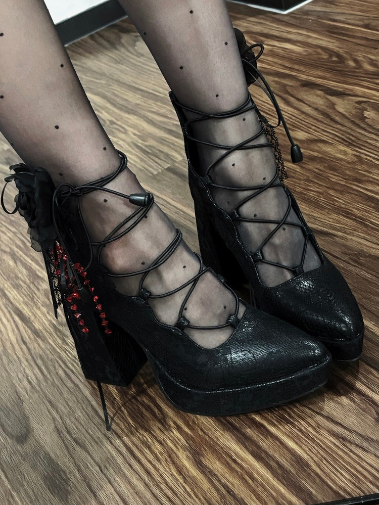 Black Punk Gothic High Block Heels - Black/Red Flower Clips, Back Zip Closures & Crossed Straps