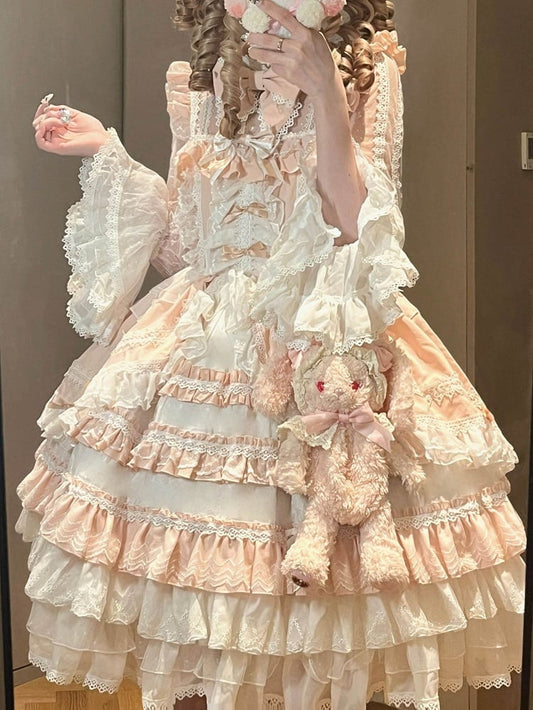 Pink Bowknots on Bodice Bell Sleeves Layered Skirt Sweet Hime Lolita Dress One Piece