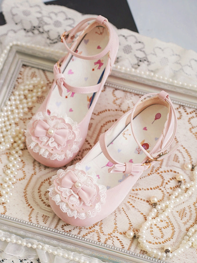 Baby Pink Bow at Top Lace Trim Heart Buckles Round Toe Lolita Shoes