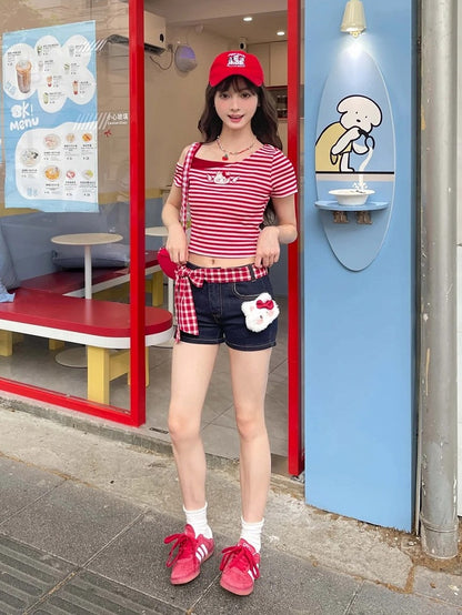 Dark Blue Straight-leg Denim Shorts with Kitty Plushie and Red Plaid Waist Accessory