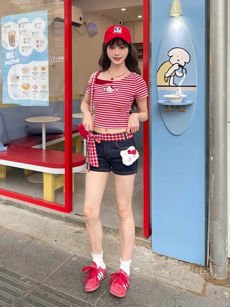 Dark Blue Straight-leg Denim Shorts with Kitty Plushie and Red Plaid Waist Accessory
