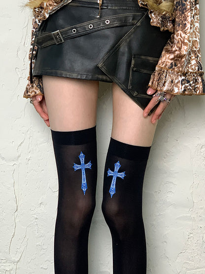 Black/White Y2K Cross Print Overknee Stockings