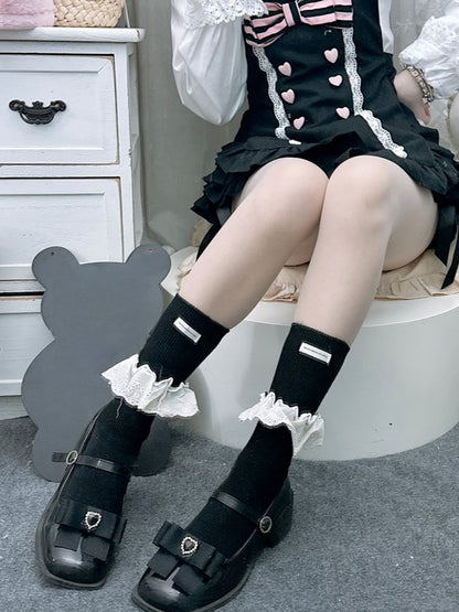 White/Black/Grey/Apricot Lolita Calf Socks With Hollow-out Lace Ruffled Cuffs